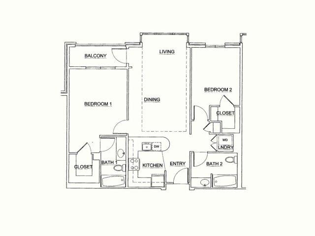 Floor plan for 2 beds, 2 baths, 949 sqft